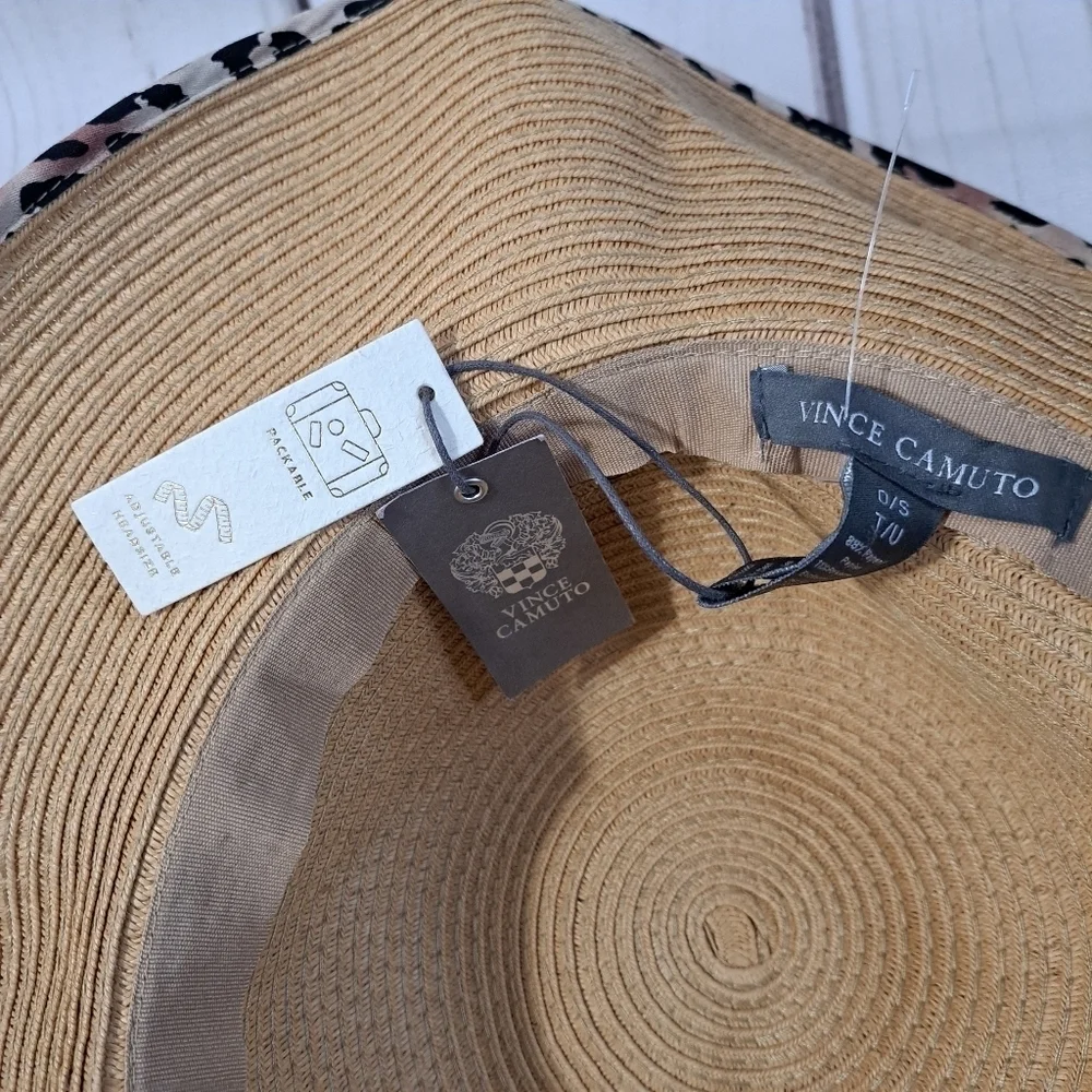 Vince Camuto Packable Tan Wide Brim Hat with Leopard Trim